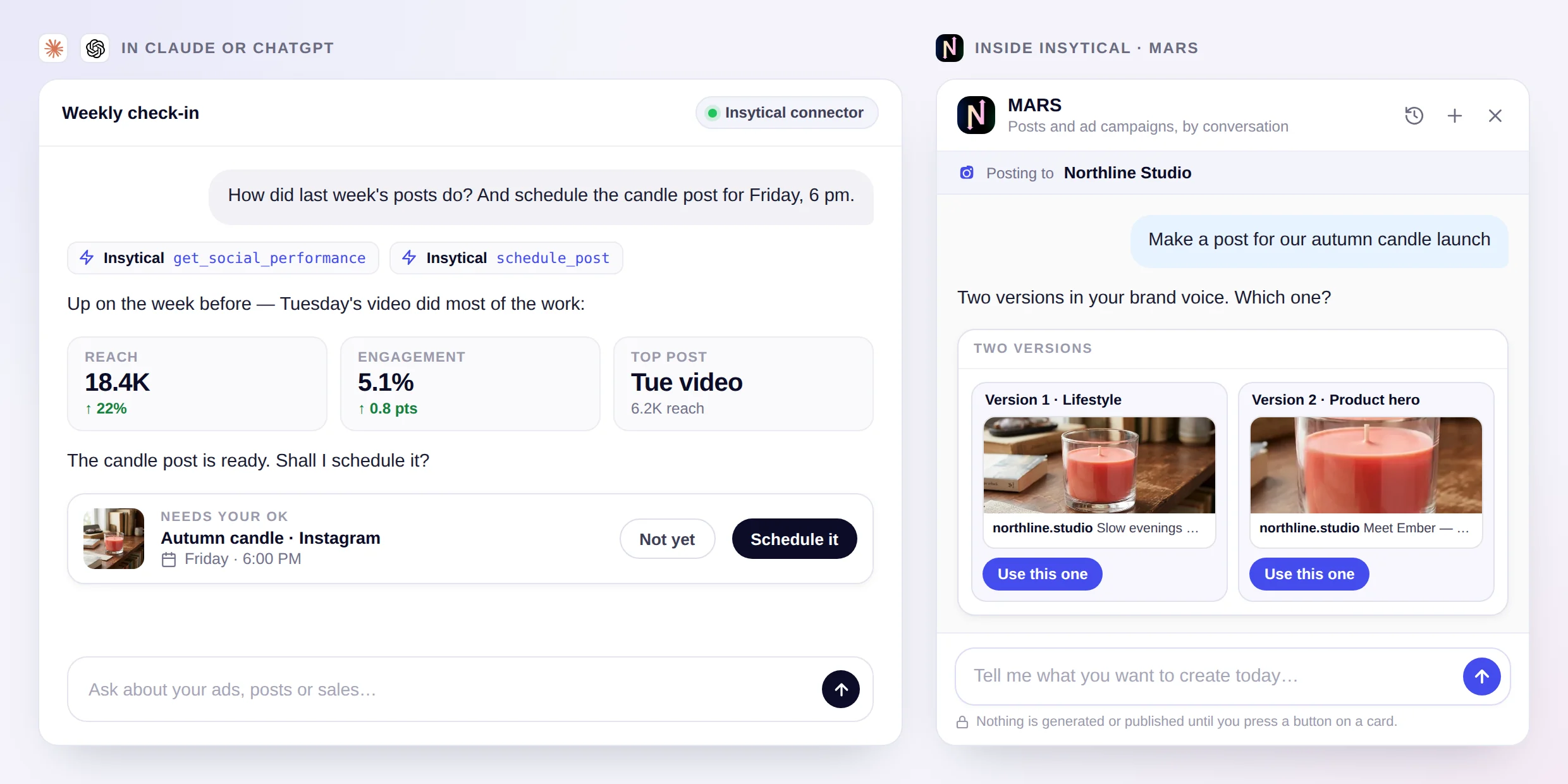 Claude or ChatGPT reading last week's post results from Insytical and asking before it schedules a post, beside MARS in Insytical writing two versions of a new post