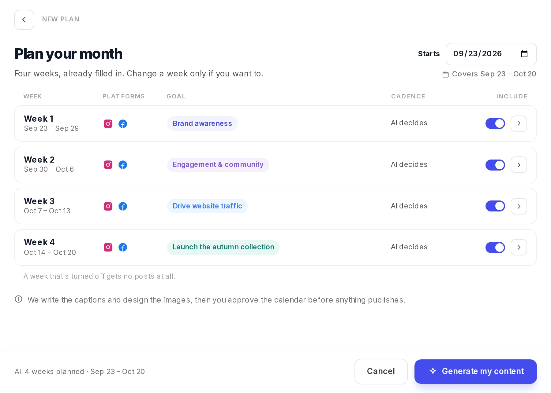 Planning a month of content in Insytical — four weeks, each with its own goal, platforms and cadence